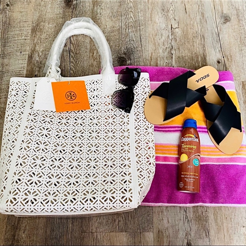 Tory Burch White Cut Out Beach Tote